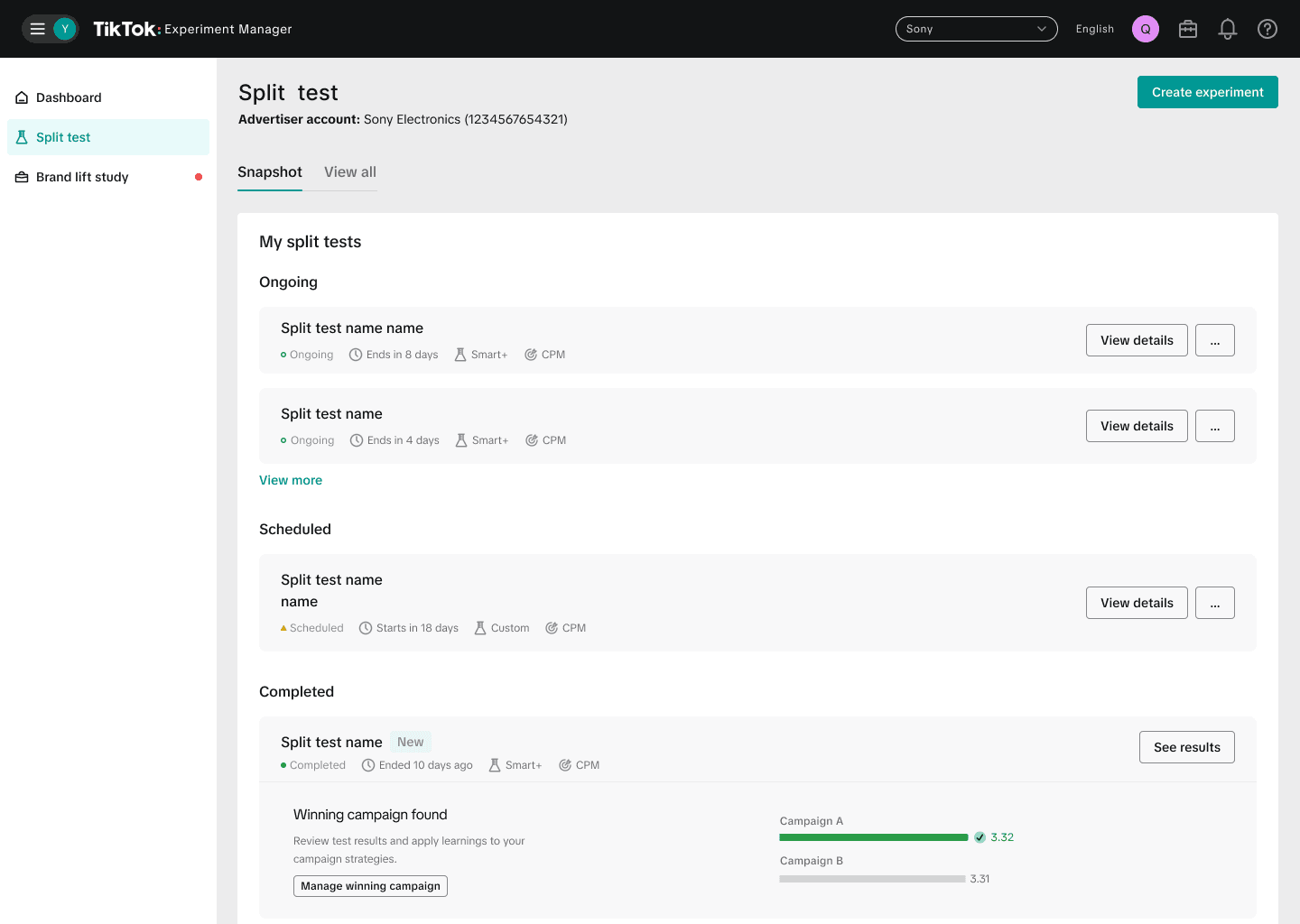 Final Split Test experiment design