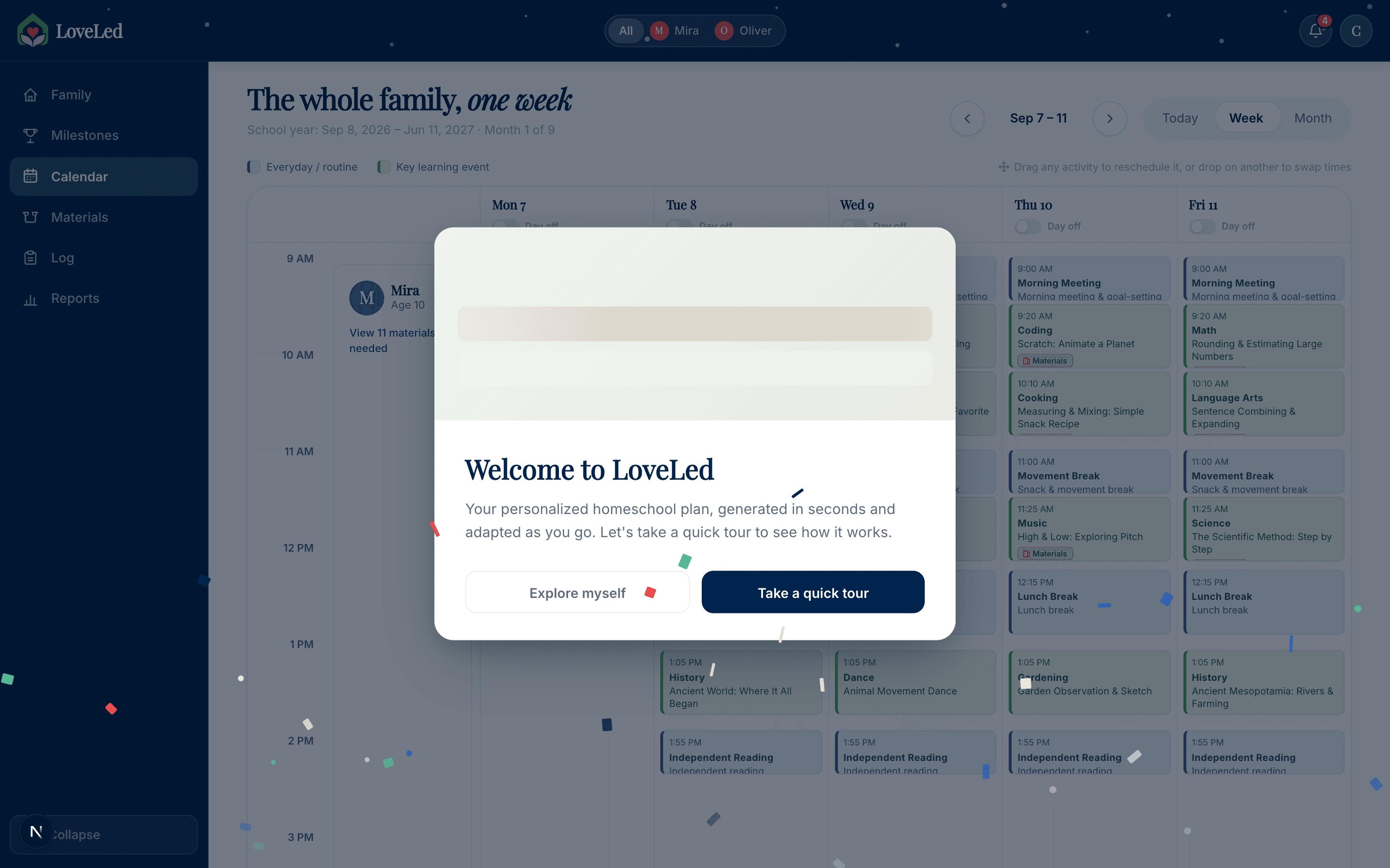 Full-screen welcome modal shown before the questionnaire, with an animated schedule demo and shimmer-reveal cards